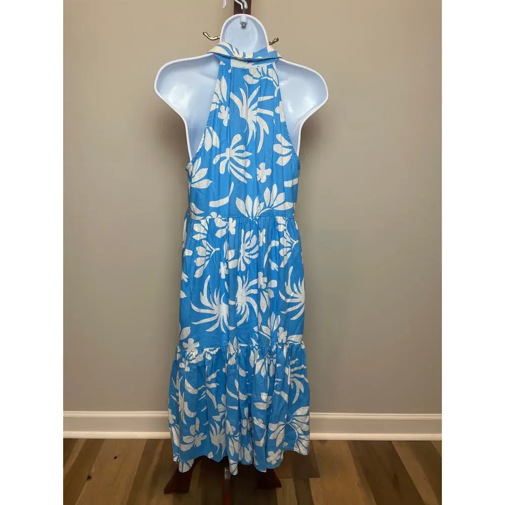 Nicole Miller Linen‑Blend Blue Floral Button‑Front Dress Size XS Loose Fit